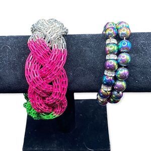 Two black iridescent magnetic stretch bracelets one braided mesh bangle